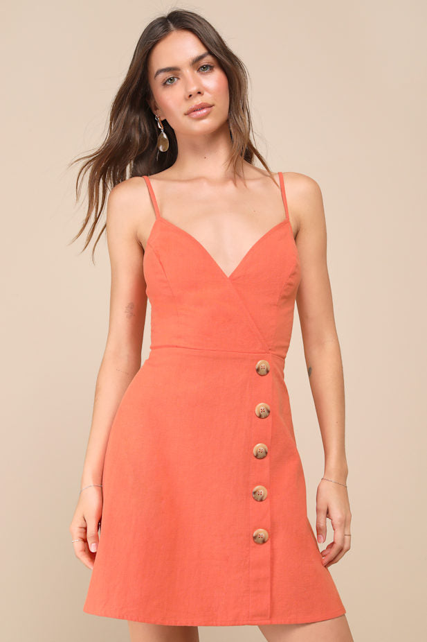 Sweet Breeze Orange Surplice Button-Front Mini Dress