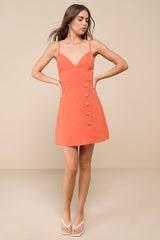 Sweet Breeze Orange Surplice Button-Front Mini Dress