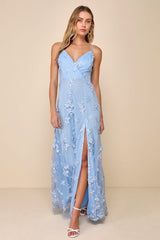 Rare Presence Powder Blue 3D Floral Surplice Maxi Dress