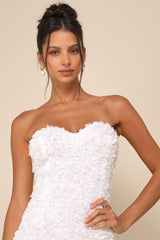 Gorgeous Mentality White 3D Floral Strapless Midi Dress