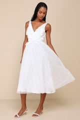 Dreamy Presence White Tulle Floral Applique Bow Midi Dress
