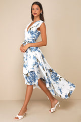 French Countryside White Floral Print High-Low Dress