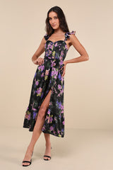 Sweet Like Sangria Black Floral Ruffled Bustier Midi Dress