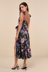 Sweet Like Sangria Black Floral Ruffled Bustier Midi Dress
