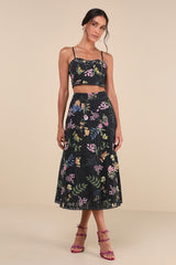 Sweet At Heart Black Floral Embroidered Two-Piece Midi Dress