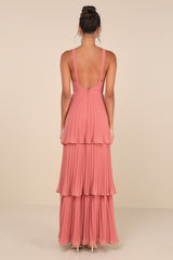 Luxe Perfection Rusty Rose Pleated Tiered Backless Maxi Dress