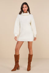 Casual Coziness Ivory Waffle Knit Cowl Neck Sweater Dress
