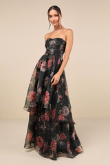 Truly Extraordinary Black Floral Organza Strapless Maxi Dress
