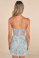 Unreal Date Sage Blue Sequin Embroidered Strapless Mini Dress