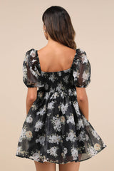 Desired Delight Black Floral Puff Sleeve Babydoll Mini Dress