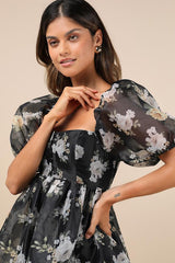 Desired Delight Black Floral Puff Sleeve Babydoll Mini Dress