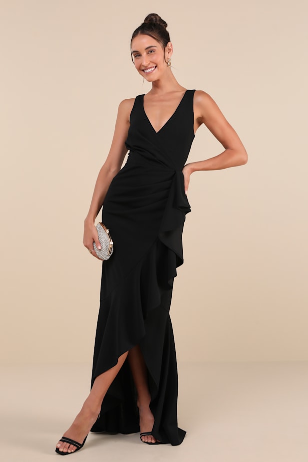Pure Loveliness Black Pleated Ruffled High-Low Maxi Dress