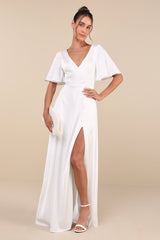Elegant Confidence White Satin Flutter Sleeve Cutout Maxi Dress