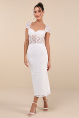 Flirtatious Presence White Sheer Lace Bustier Midi Dress