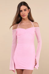 Flirty Silhouette Light Pink Mesh Long Sleeve Halter Mini Dress