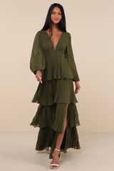 Graceful Finesse Olive Green Pleated Long Sleeve Maxi Dress