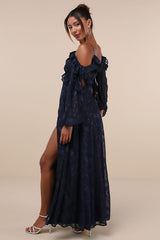 Pleasant Aura Navy Blue Floral Burnout Cold-Shoulder Maxi Dress