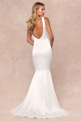 Luxe Loveliness White Satin Backless Mermaid Maxi Dress