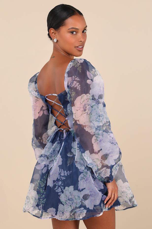 Positively Enchanting Blue Floral Organza Bustier Mini Dress