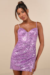 Magnificent Allure Purple Mesh Sequin Bustier Mini Dress