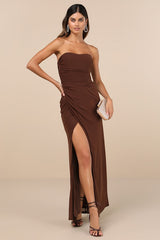 Epitome of Allure Brown Mesh Strapless Ruched Maxi Dress