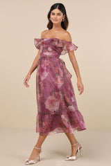 Sweet Composure Plum Floral Organza Off-the-Shoulder Midi Dress