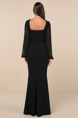 Composed Elegance Black Balloon Sleeve Mermaid Maxi Dress