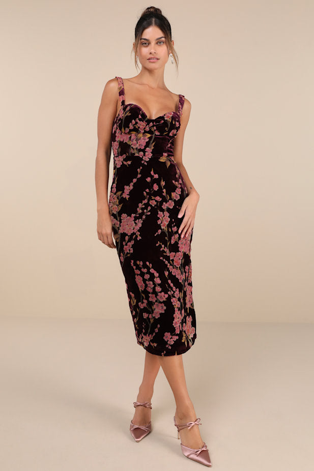 Romantic Stunner Plum Floral Burnout Velvet Lace-Up Dress
