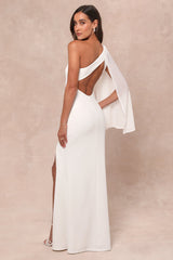 Majestic Attitude White Cape Sleeve One-Shoulder Maxi Dress