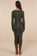 Everyday Beauty Green Long Sleeve Ribbed Knit Sweater Dress