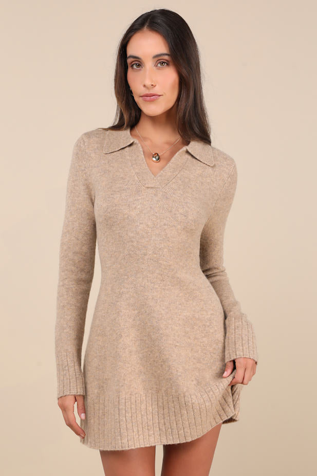 Soft Serenity Heather Taupe Collared Sweater Mini Dress