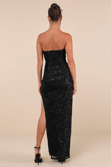 Stately Aura Black Mesh Velvet Strapless Bustier Maxi Dress