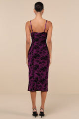 Decadent Flirt Purple Mesh Velvet Ruched Bodycon Midi Dress