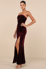 Perfectly Captivating Plum Purple Velvet Strapless Maxi Dress