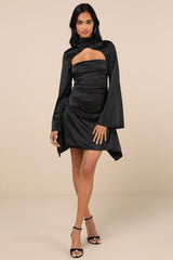 Sultry Elevation Black Satin Long Sleeve Cutout Mini Dress