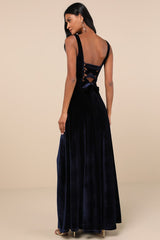 Graceful Invite Navy Blue Velvet Square Neck Lace-Up Maxi Dress