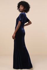 Elegant Evenings Navy Velvet Flutter Sleeve Trumpet Maxi Dress