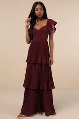 Notorious Charm Plum Purple Pleated Flutter Sleeve Maxi Dress