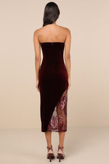 Feeling So Luxe Burgundy Velvet Mesh Sequin Strapless Midi Dress