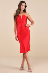 Luxe Crush Red Satin Rhinestone Bow Strapless Midi Dress