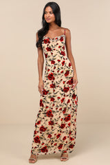 Romance in the Making Beige Floral Print Velvet Maxi Dress