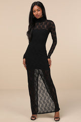 Famous Impression Black Lace Mock Neck Long Sleeve Maxi Dress