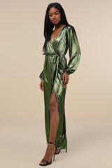 Extra Aesthetic Green Metallic Long Sleeve Surplice Maxi Dress