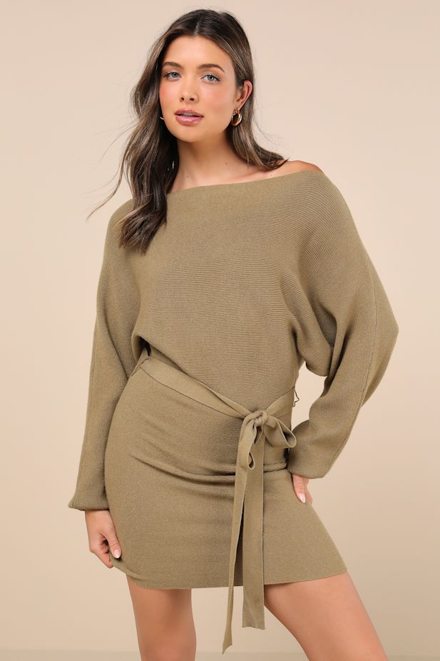 Modern Comfort Olive Green Dolman Sleeve Mini Sweater Dress