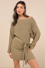 Modern Comfort Olive Green Dolman Sleeve Mini Sweater Dress