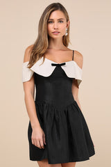 Upscale Desire Black Contrast Off-the-Shoulder Mini Dress