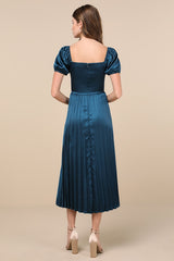 Flawless Forever Teal Satin Pleated Midi Dress