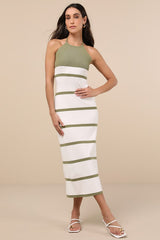 Friendly Cutie Olive and Ivory Striped Knit Halter Midi Dress