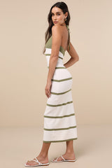 Friendly Cutie Olive and Ivory Striped Knit Halter Midi Dress