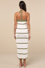 Friendly Cutie Olive and Ivory Striped Knit Halter Midi Dress